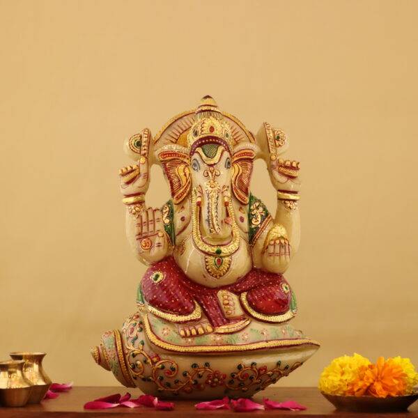 9-Inch White Jade Ganesha Sculpture – Handcrafted with Gold Work