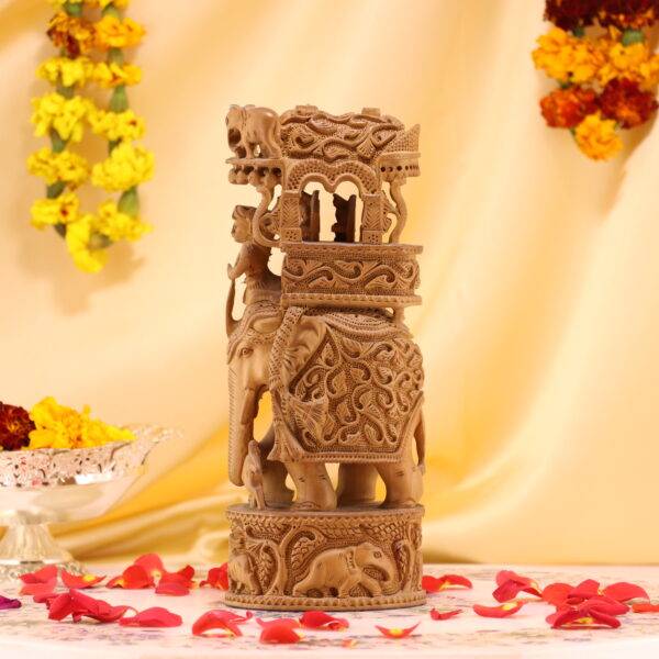 Hand-Carved Wooden Elephant - Intricate Hunting Scene Decor