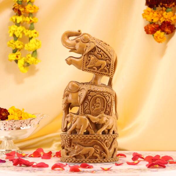 Hand-Carved Wooden Elephant - Intricate Hunting Scene Decor