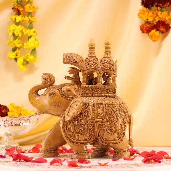 Hand-Carved Wooden Elephant - Intricate Hunting Scene Decor