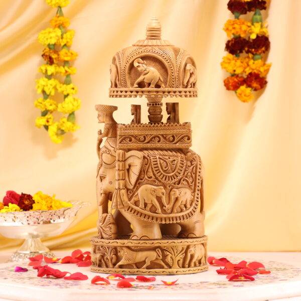 Hand-Carved Wooden Elephant - Intricate Hunting Scene Decor