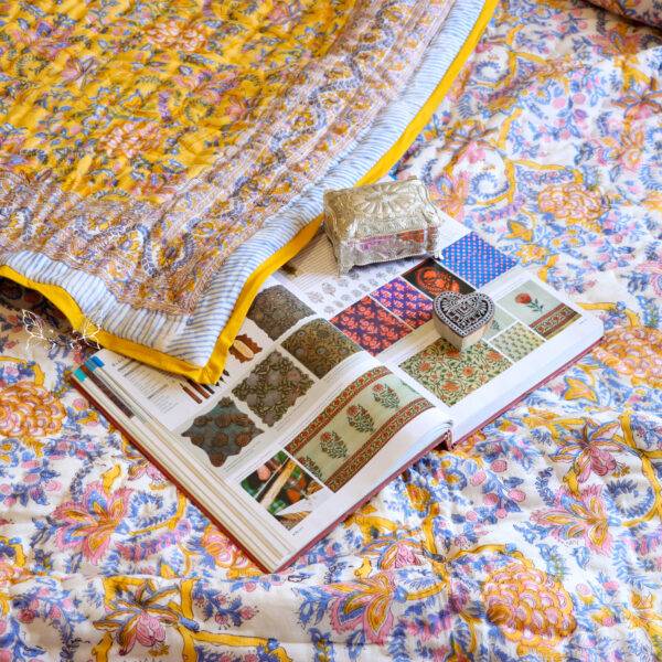 Yellow Floral Pure Cotton Hand Block Printed Reversible Quilt King Size