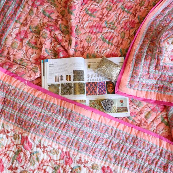 Jaipur Pink Pure Cotton Hand Block Printed Reversible Quilt King Size