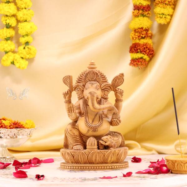 Hand-Carved Wood Ganesha Idol – Divine Artistry in Every Detail