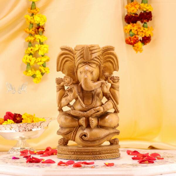 11-Inch Ganesha Sitting on Shankh Wood Carving – Divine Elegance