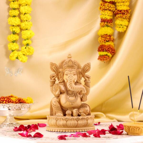 Hand-Carved Wood Ganesha Idol – Divine Artistry in Every Detail