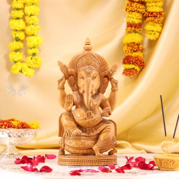 Hand-Carved Wood Ganesha Idol – Divine Artistry in Every Detail