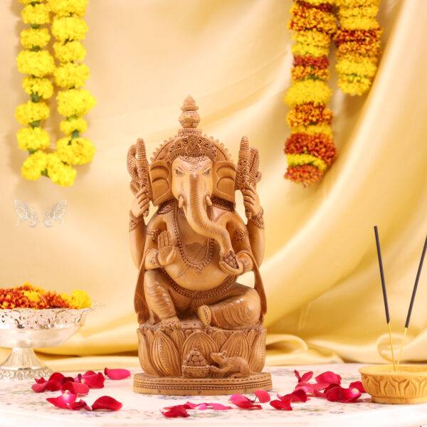 Hand-Carved Wood Ganesha Idol – Divine Artistry in Every Detail