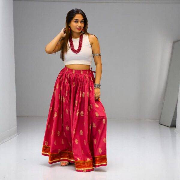 Handblock Pink Cotton Skirt – Gold Motifs, Multicolor Border, Pure Comfort