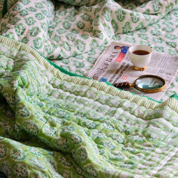 Emerald Green Pure Cotton Hand Block Printed Reversible Quilt King Size