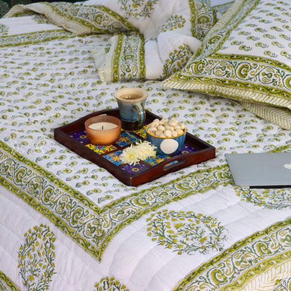 Green Handblock Printed Pure Cotton Quilt Set – Handmade Artisan Bedding (4 Pieces)