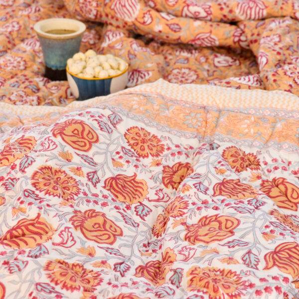 Mud Yellow Pure Cotton Hand Block Printed Reversible Quilt King Size