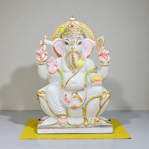 Pure White Marble Ganesha Idol with Handcrafted Gold Work – 2.5 Feet