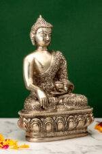 Brass Silver Coated Superfine Buddha Statue - Abhaya Mudra - Detailed Carved - 9 Inch - Image 4