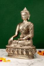Brass Silver Coated Superfine Buddha Statue - Abhaya Mudra - Detailed Carved - 9 Inch - Image 2