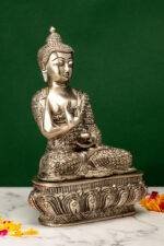 Brass Silver Coated Superfine Buddha Statue - Abhaya Mudra - Detailed Carved - 10 Inch - Image 4