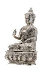 Brass Silver Coated Superfine Buddha Statue - Abhaya Mudra - Detailed Carved - 10 Inch - Image 7