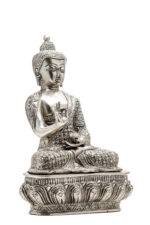 Brass Silver Coated Superfine Buddha Statue - Abhaya Mudra - Detailed Carved - 10 Inch - Image 6
