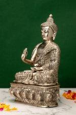 Brass Silver Coated Superfine Buddha Statue - Abhaya Mudra - Detailed Carved - 10 Inch - Image 2