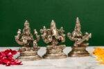 Brass Silver Coated Ganesh Laxmi Saraswati Idols - Detailed Carving - 3.15 Inch - Image 2