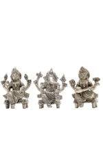 Brass Silver Coated Ganesh Laxmi Saraswati Idols - On Chowki - 3.15 Inch - Image 31