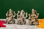 Brass Silver Coated Ganesh Laxmi Saraswati Idols - On Chowki - 3.15 Inch - Image 2