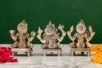 Brass Silver Coated Ganesh Laxmi Saraswati Idols - On Chowki - 3.15 Inch - Image 14