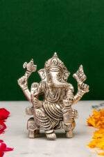 Brass Silver Coated Ganesh Laxmi Saraswati Idols - On Chowki - 3.15 Inch - Image 9