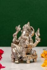 Brass Silver Coated Ganesh Laxmi Saraswati Idols - On Chowki - 3.15 Inch - Image 8