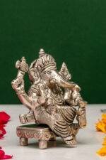 Brass Silver Coated Ganesh Laxmi Saraswati Idols - On Chowki - 3.15 Inch - Image 7