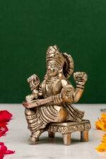 Brass Silver Coated Ganesh Laxmi Saraswati Idols - On Chowki - 3.15 Inch - Image 4