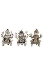 Brass Silver Coated Ganesh Laxmi Saraswati Idols - On Chowki - 3.15 Inch - Image 28