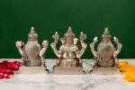 Brass Silver Coated Ganesh Laxmi Saraswati Idols - Detailed Carving - 3.5 Inch - Image 9