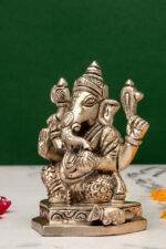 Brass Silver Coated Ganesh Laxmi Saraswati Idols - Detailed Carving - 3.5 Inch - Image 3