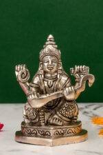 Brass Silver Coated Ganesh Laxmi Saraswati Idols - Detailed Carving - 3.5 Inch - Image 32