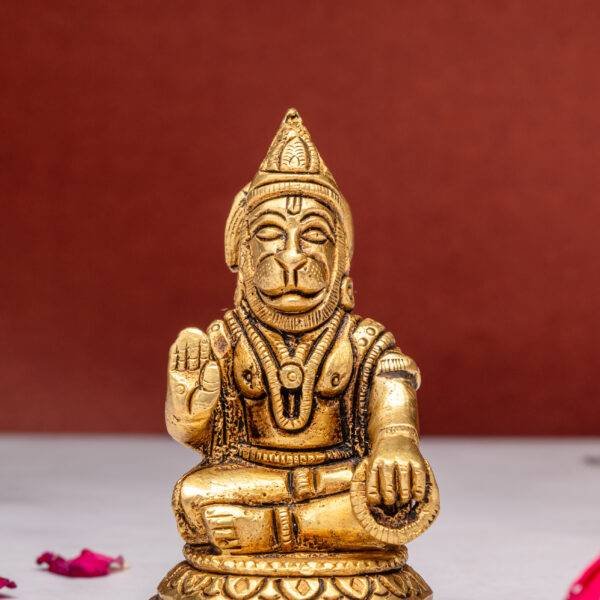 Sitting Brass Hanuman Idol - Aashirwaad Mudra with Tulsi Mala - 3 Inch