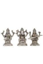 Brass Silver Coated Ganesh Laxmi Saraswati Idols - Detailed Carving - 4.65 Inch - Image 26