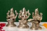 Brass Silver Coated Ganesh Laxmi Saraswati Idols - Detailed Carving - 4.65 Inch - Image 2