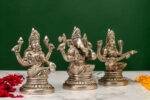Brass Silver Coated Ganesh Laxmi Saraswati Idols - Detailed Carving - 4.65 Inch - Image 16