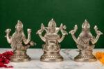Brass Silver Coated Ganesh Laxmi Saraswati Idols - Detailed Carving - 4.65 Inch - Image 15