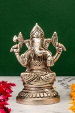 Brass Silver Coated Ganesh Laxmi Saraswati Idols - Detailed Carving - 4.65 Inch - Image 10