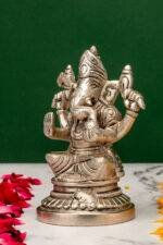 Brass Silver Coated Ganesh Laxmi Saraswati Idols - Detailed Carving - 4.65 Inch - Image 9
