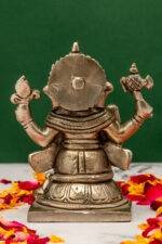 Brass Silver Coated Superfine Ganapati Idol - Detail Carving - 4 Inch - Image 3