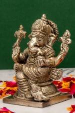 Brass Silver Coated Superfine Ganapati Idol - Detail Carving - 4 Inch - Image 2