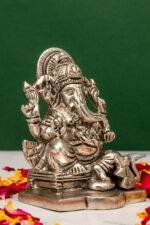 Brass Silver Coated Superfine Ganapati Idol - Detail Carving - 4 Inch - Image 4