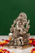 Brass Silver Coated Superfine Ganapati Idol - Detail Carving - 4 Inch - Image 2