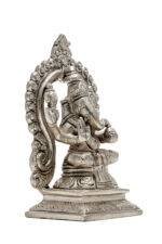 Brass Silver Coated Superfine Ganapati Idol - Detail Carving - With Frame - 5.5 Inch - Image 6