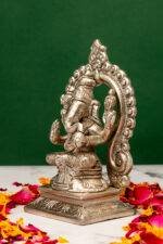Brass Silver Coated Superfine Ganapati Idol - Detail Carving - With Frame - 5.5 Inch - Image 2