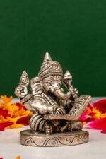 Brass Superfine Silver Coated Ganesh Idol Miniature - Reading Vedas - 2.35 Inch - Image 3