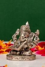 Brass Superfine Silver Coated Ganesh Idol Miniature - Reading Vedas - 2.35 Inch - Image 2